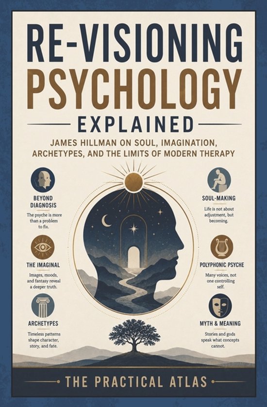 Boekomslag: Re-Visioning Psychology Explained, James Hillman over ziel, verbeelding, archetypen en grenzen van moderne therapie. Bevat illustraties van een hoofd met berglandschap, maan en sterren.