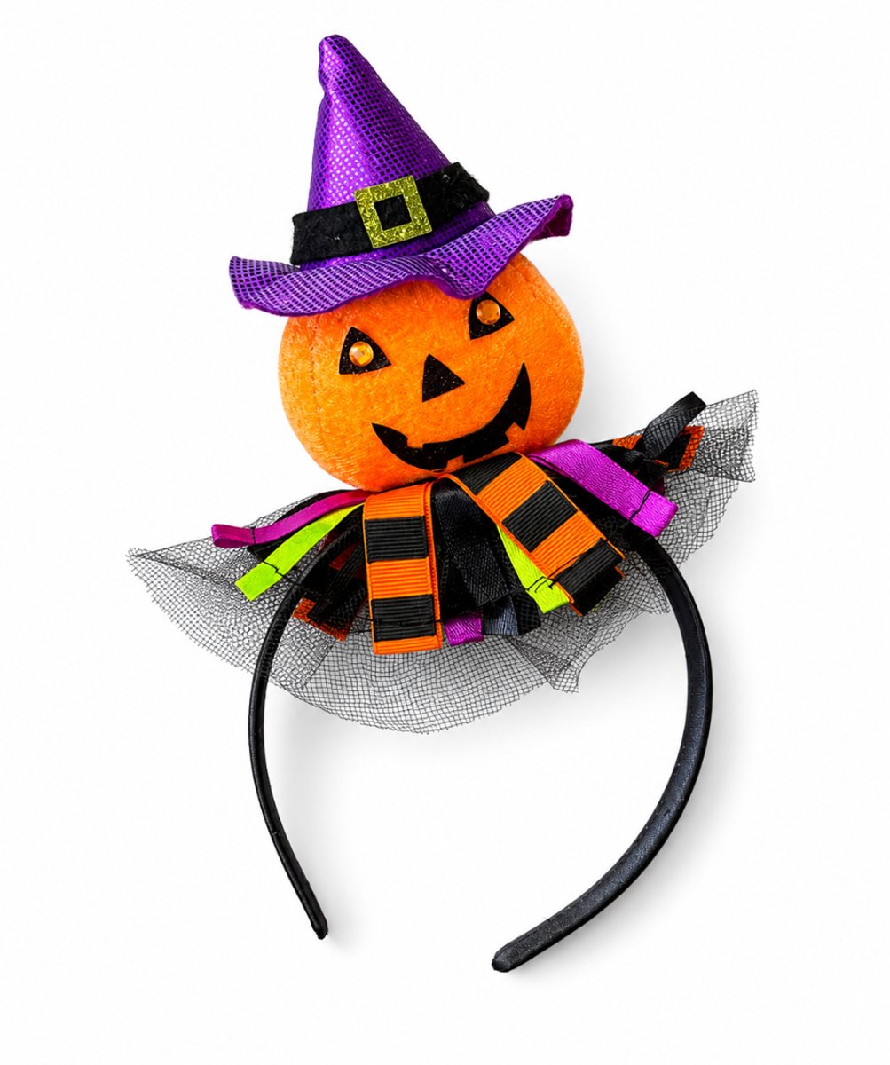 Halloween Diadeem Pompoen met Heksenhoed – Halloween Haarband voor Kinderen & Volwassenen – Verkleed Accessoire Oranje/Paars