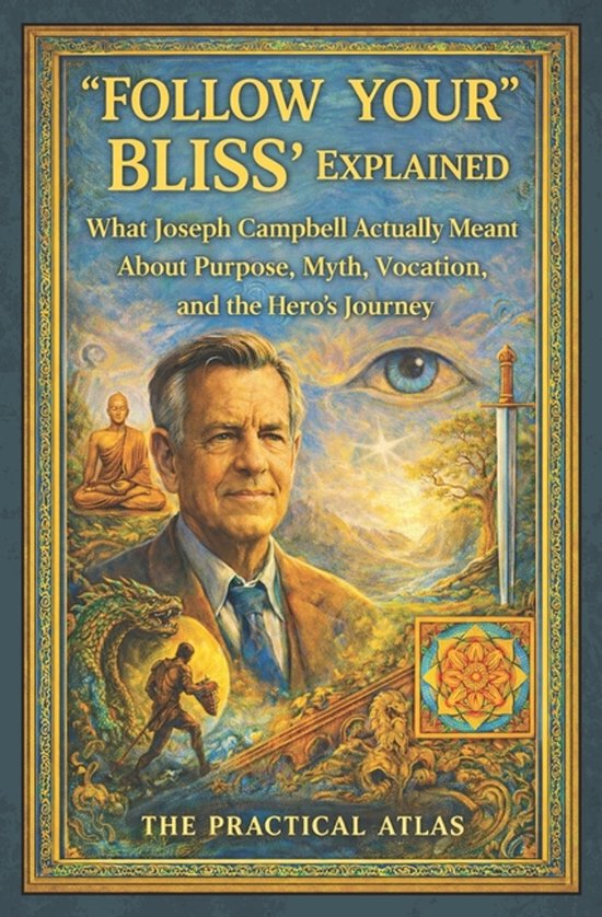 Boekcover 'Follow Your Bliss' Explained met portret van man, draak, Boeddha, zwaard en oog.