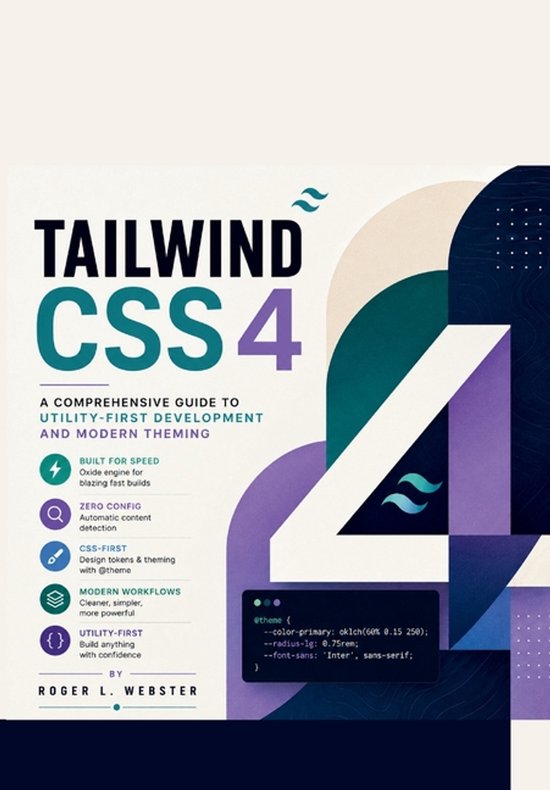 Couverture du livre Tailwind CSS 4 avec formes abstraites bleues et violettes, incluant un bloc de code et des fonctionnalités.