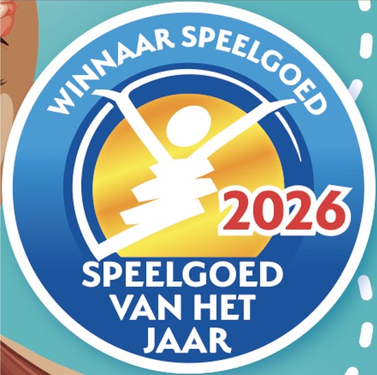 Winnaar Speelgoed 2026, Speelgoed van het Jaar. Blauw en goud met een gestileerde gele figuur.