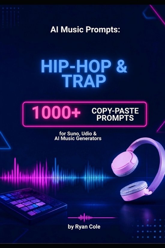 Digitale gids met 1000+ hiphop en trap AI-muziekprompts, met roze koptelefoon en muziekvisualisatie op een donkere achtergrond.