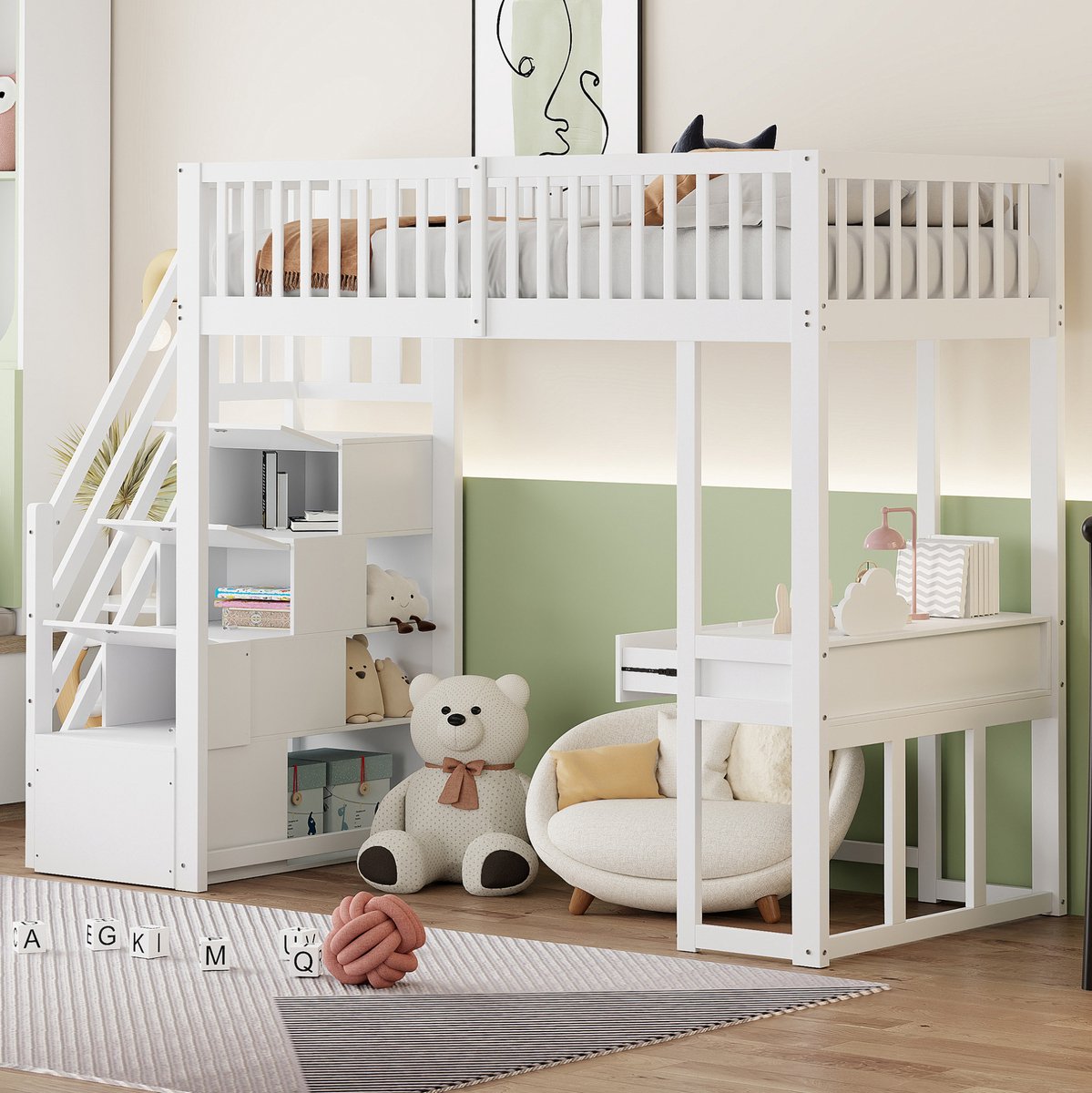 REDOM - Hoogslaper - Multifunctionele tafel - Opbergtreden en ruimte onder het bed - Hout en MDF - Wit - 250 x 96 x 175 cm