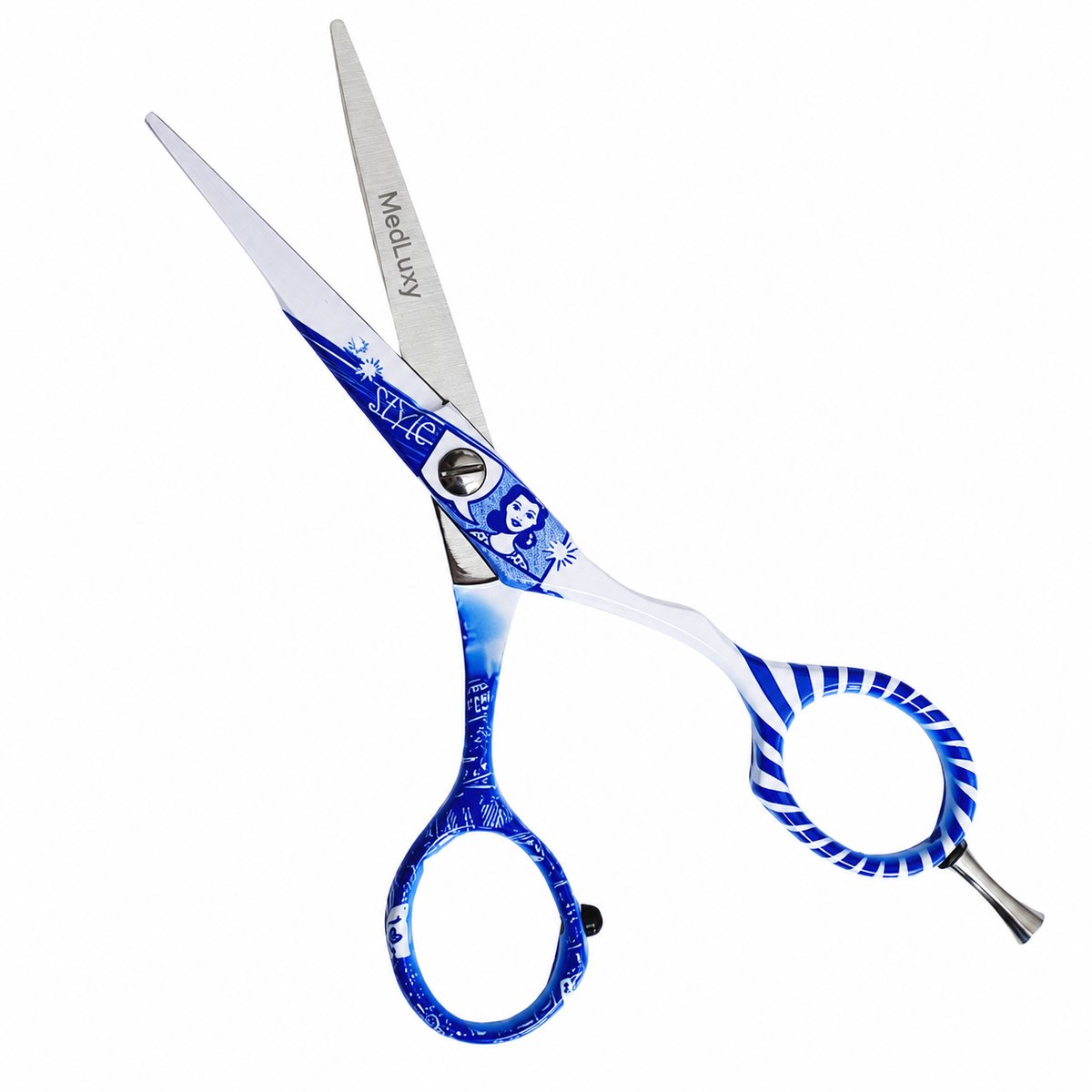 MEDLUXY - Kappersschaar Style Dutch - 5,5 inch / 14 cm - Rechtshandig - Ergonomische Knipschaar - Blauw - Wit