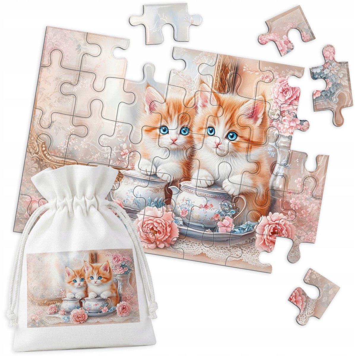 Merkloos puzzel: Schaduwrijke katjes met bloemen, 35 stukjes