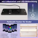 Draadloze oplader met USB-poorten en LED-verlichting, bediening via app met kleurkeuze, microfoon- en muziekmodus.