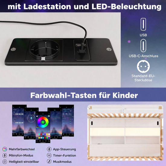 Draadloze oplader met USB-poorten en LED-verlichting, bediening via app met kleurkeuze, microfoon- en muziekmodus.