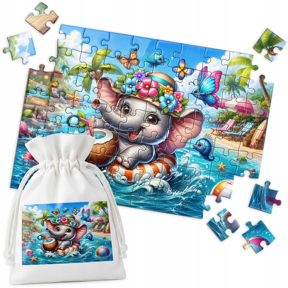 Traditionele Puzzel - Tropische Olifant met Kokosnoot, 70 Stukjes