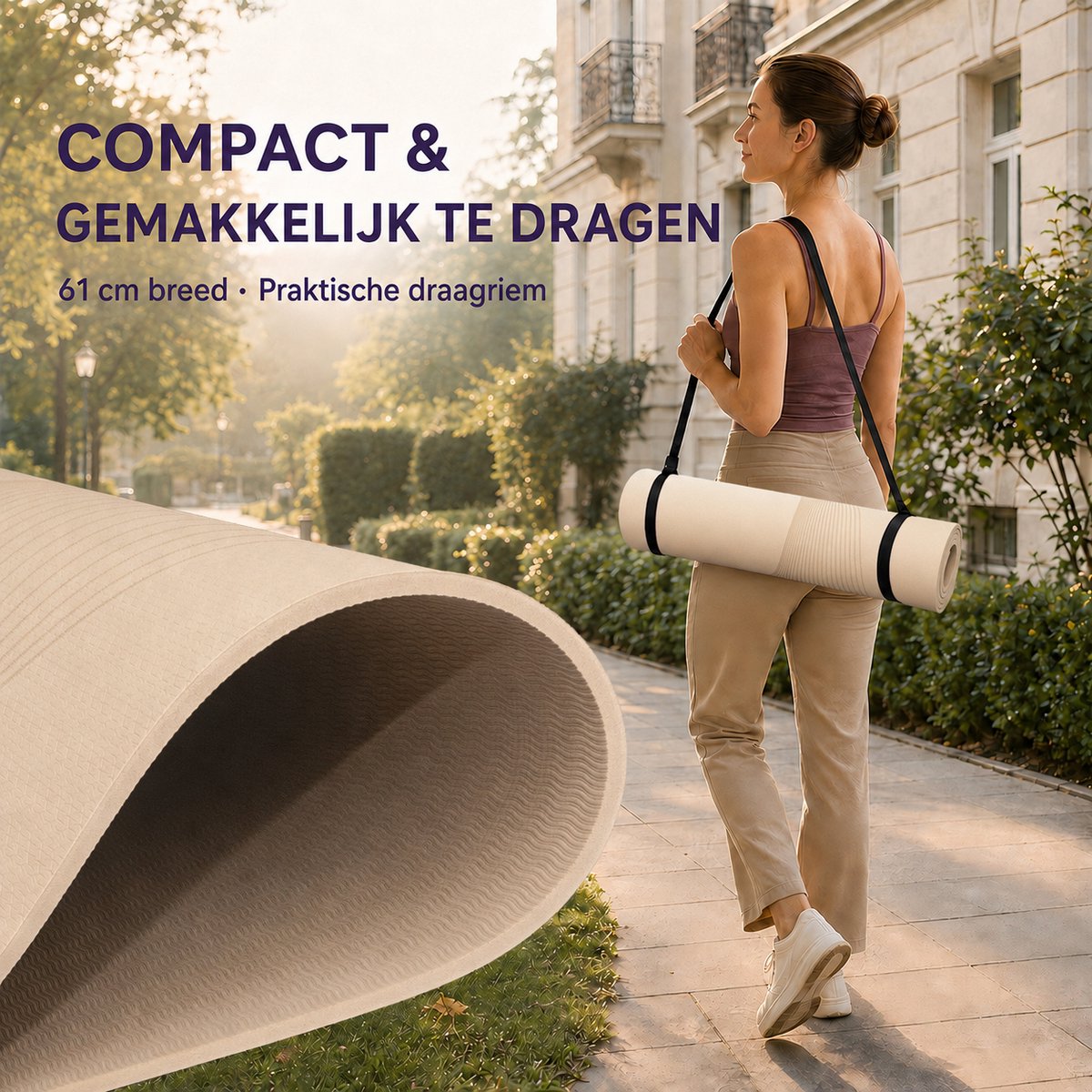FunLife Yogamat 183 x 61 cm - 8 mm TPE Fitnessmat Antislip met Draagriem - voor Yoga, Pilates en Home Workout -Latte beige — cadeau in Sport & Outdoor - foto 2