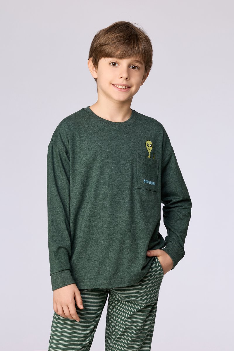 Woody Jongens-Heren pyjama donkergroen - maat S