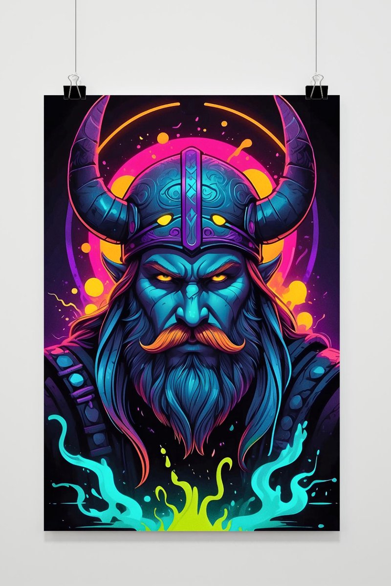 Neon Vikingposter - Viking Thema - Historisch - Uniek Ontwerp - Portretkunst - Visueel Aantrekkelijk - posters - formaat 30x40cm - Wanddecoratie - XS2480MT