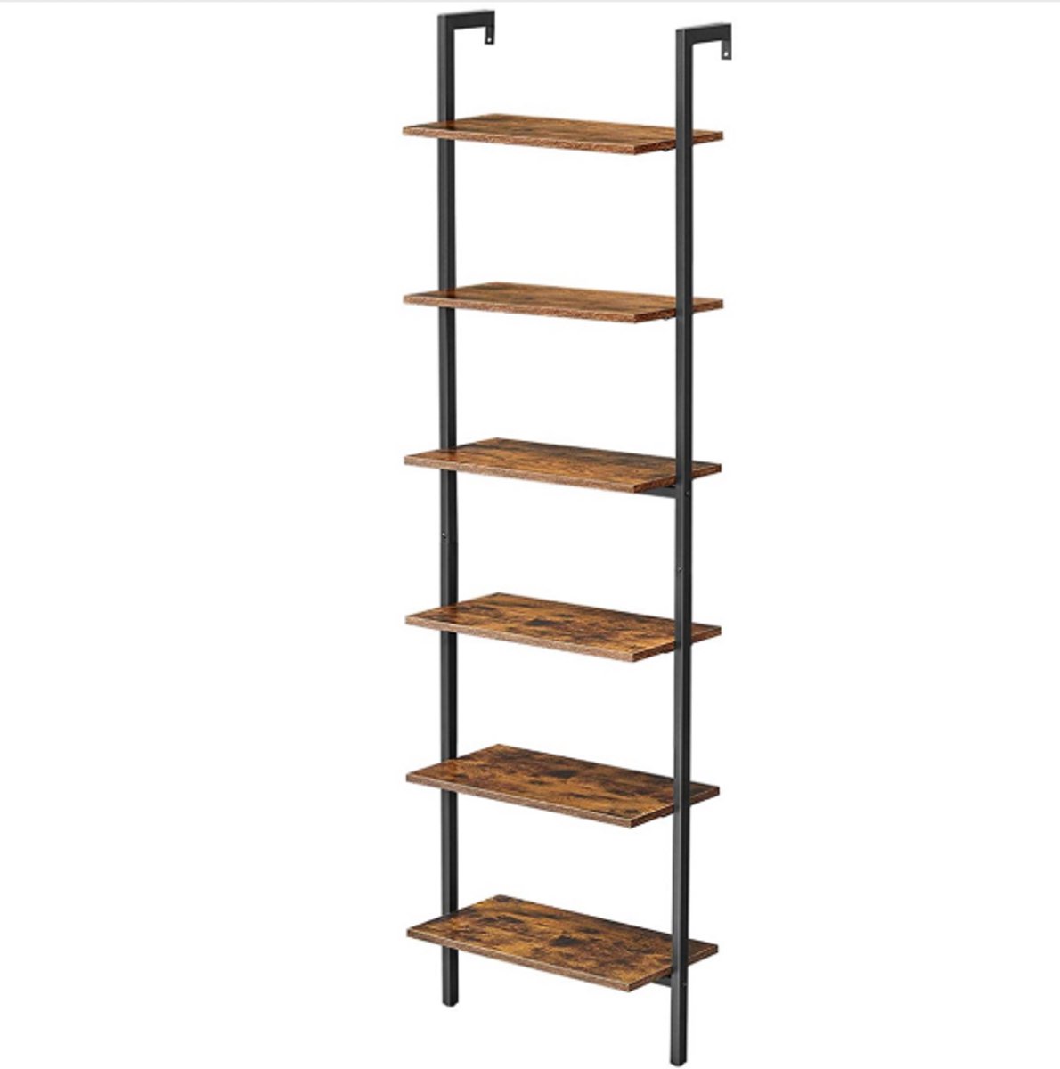 Ladderrek Boekenkast Opbergrek 6 Lagen 60 x 30 x 204,8 cm Bruin + Zwart, Open Planken met Metalen Frame, Displayrek voor Woonkamer, Kantoor, Keuken en Slaapkamer