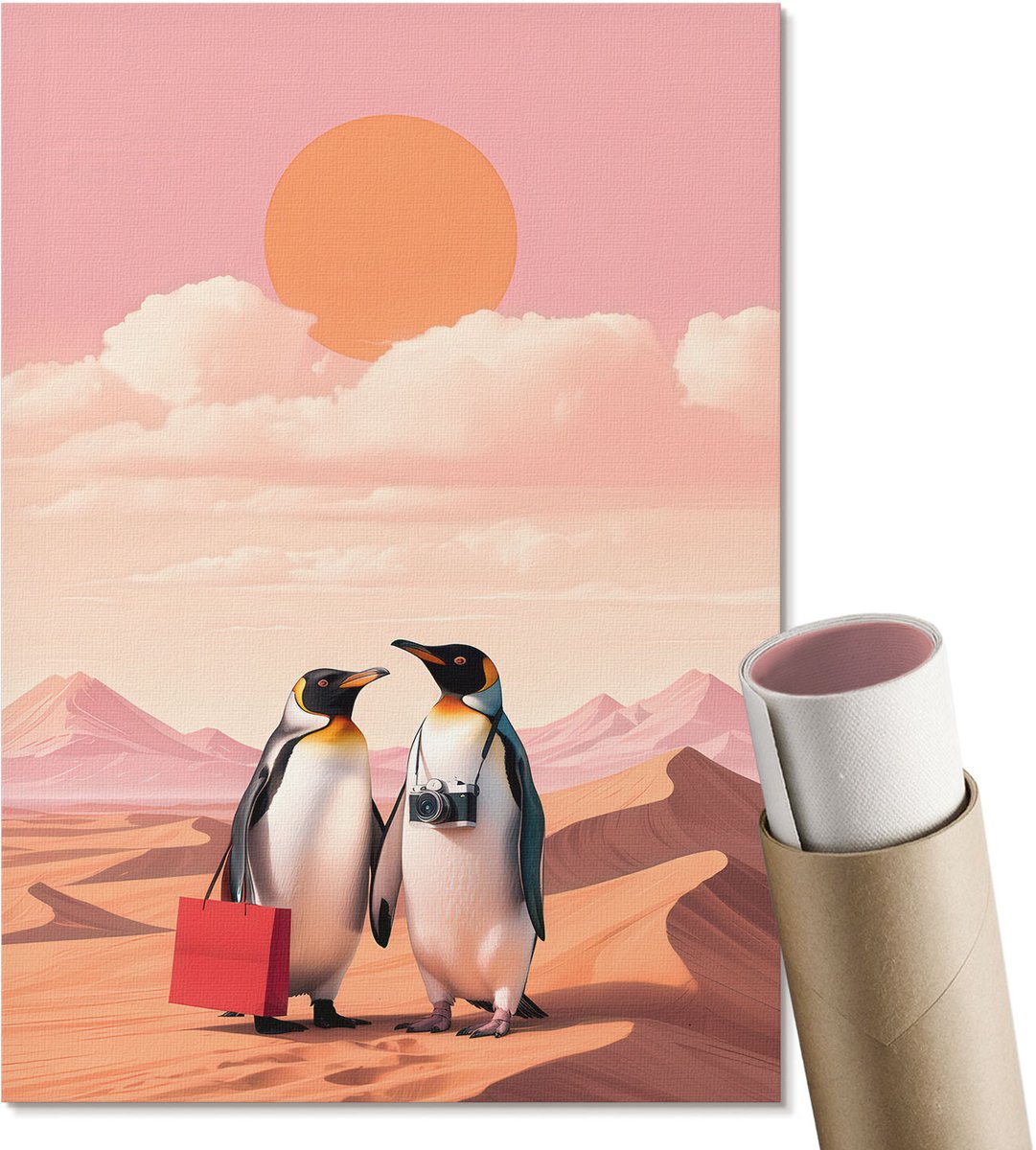 Coloray Polycanvas Poster - Pinguïns In De Woestijn, Illustratie - A4 - Roze Wanddecoratie - Rechthoek - Wandkunst - Woonkamer, Slaapkamer, Kantoor - Expressief