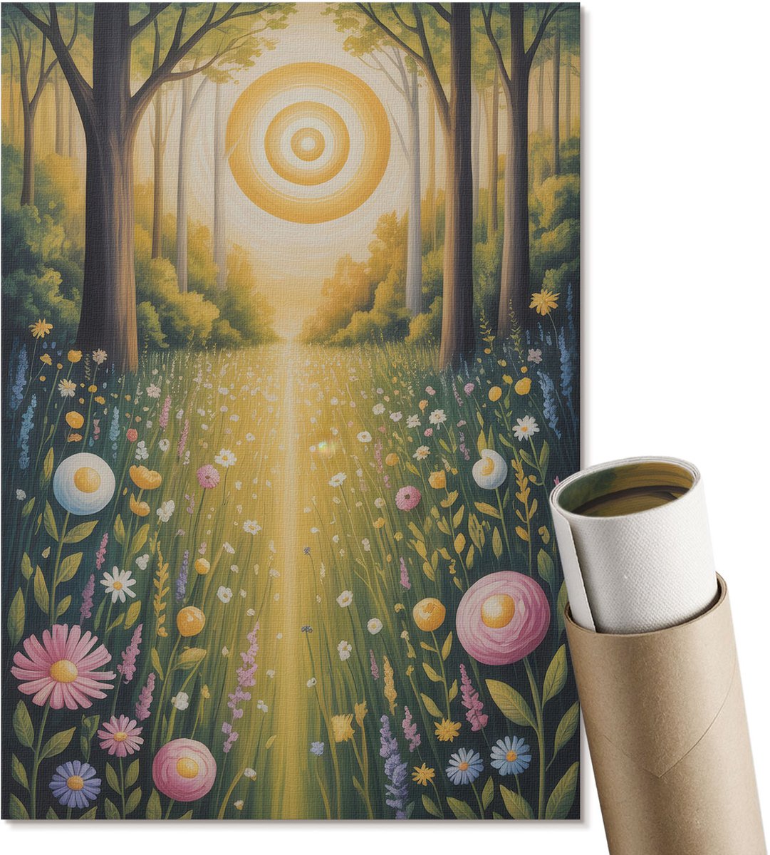Coloray Polycanvas Wandposter - Zonnig Bos, Schilderen - A4 - Groen Illustratie - Rechthoek - Wandkunstwerk - Woonkamer, Slaapkamer, Kantoor - Romantisch
