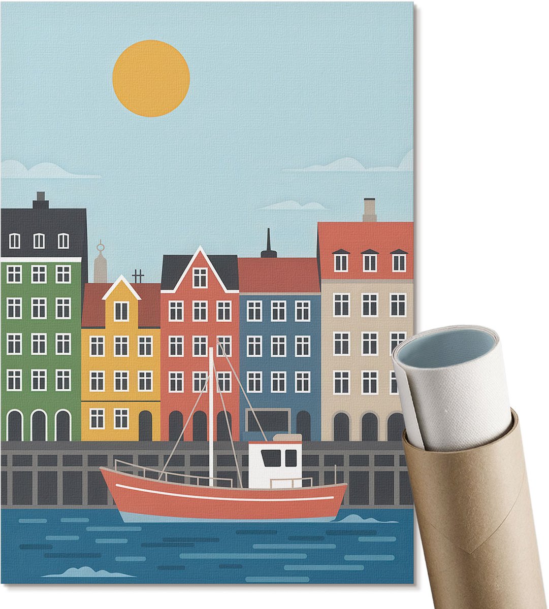 Coloray Canvas Poster Polycanvas - Havenstad, Illustratie - A4 - Blauw Decoratie - Rechthoek - Wandkunst - Woonkamer, Slaapkamer, Kantoor - Kinder