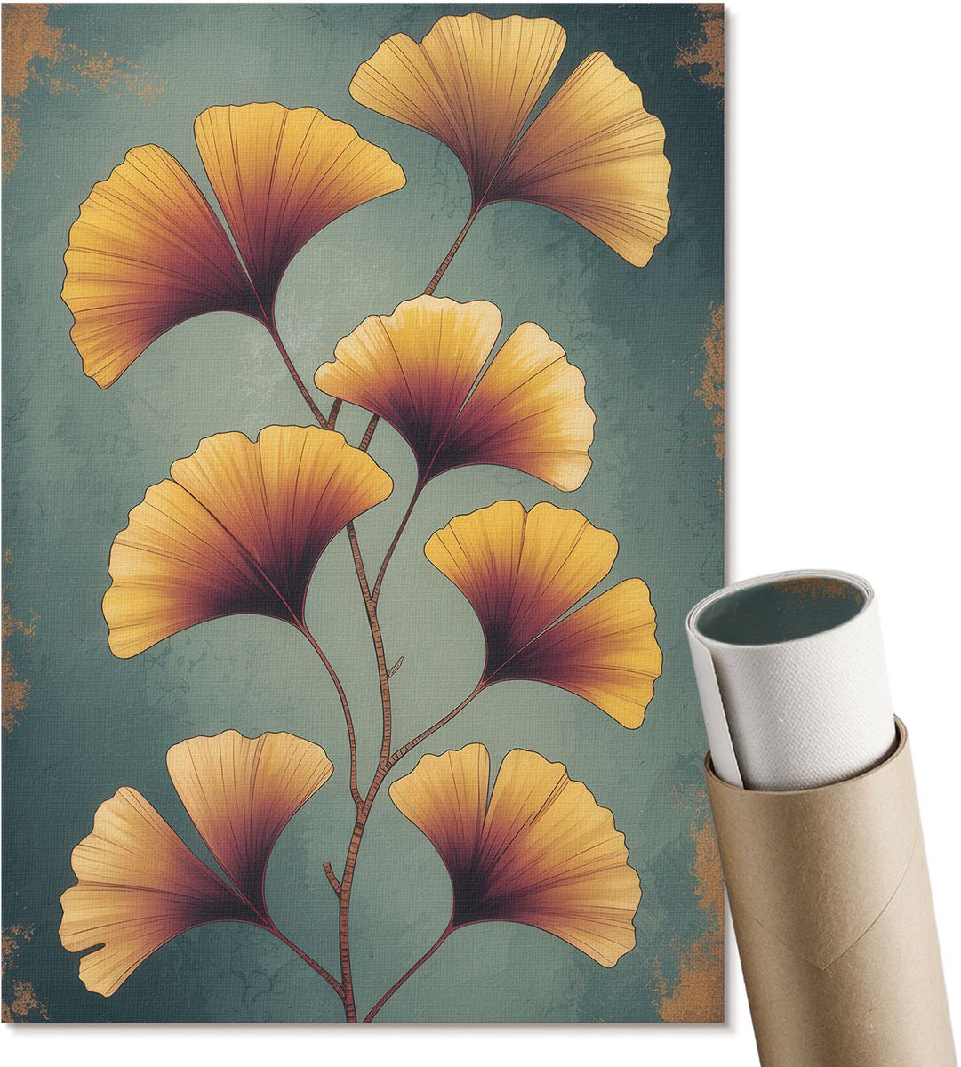 Coloray Polycanvas Wandposter - Ginkgo Bladeren, Illustratie - A4 - Turkoois Illustratie - Rechthoek - Wandkunstwerk - Woonkamer, Slaapkamer, Kantoor - Artistiek