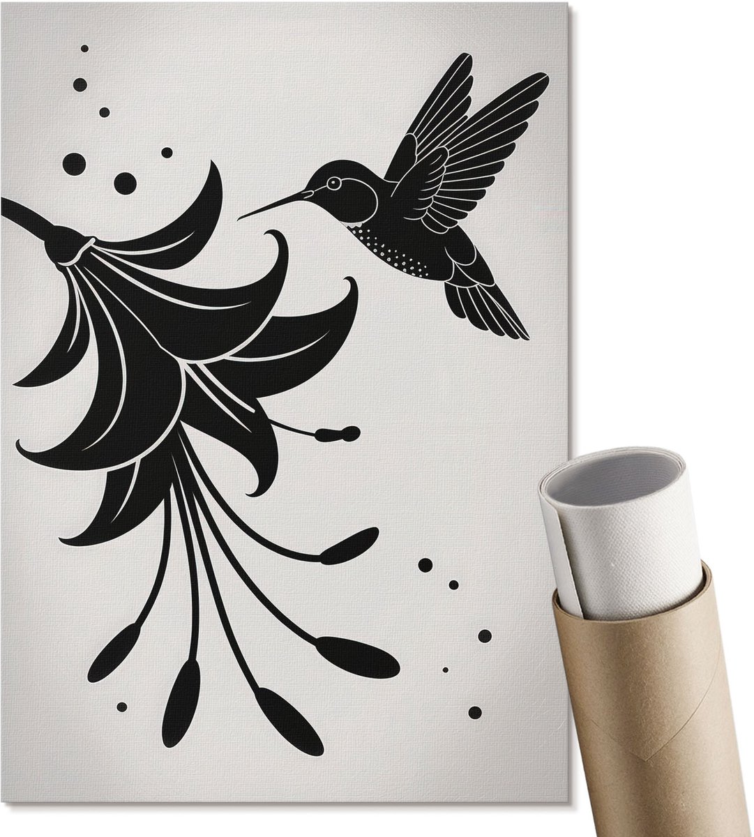 Coloray Polycanvas Wandposter - Kolibrie En Bloem, Illustratie - A4 - Wit Patroon - Rechthoek - Canvasposter - Woonkamer, Slaapkamer, Kantoor - Romantisch
