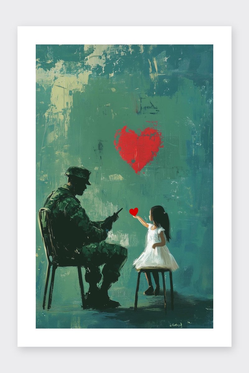 Soldaat Poster - Aquarel - Meisje - Hart - Kunst - Expressief - Emotioneel - posters - formaat 30x40cm - Wanddecoratie - BXS5427PVD - Met kader - passe-partouts stijl