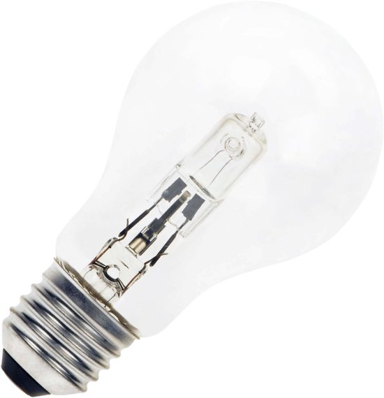 Heldere standaard halogeenlamp met E27 schroeffitting, 42W, zichtbaar gloeidraad.