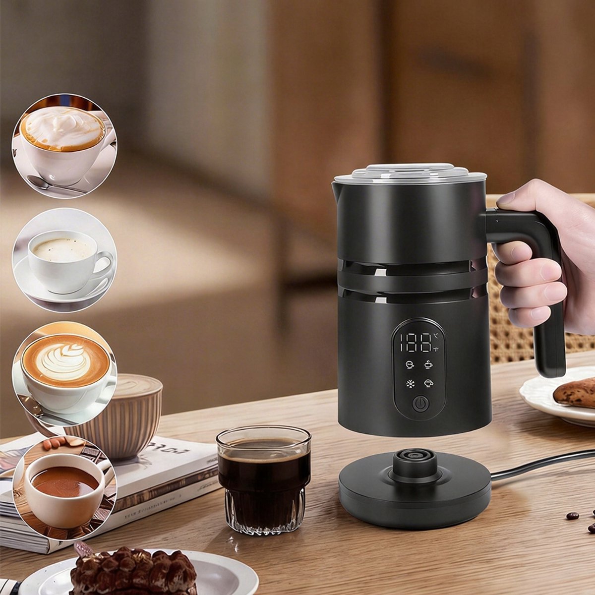 Elektrische Melkopschuimer - 4-in-1 Melkklopper - Koffieschuimer - 350 ml - Warm & Koud Schuim - 304 RVS Antiaanbak - 60-70°C - Automatische Uitschakeling - Antislip Handgreep - Milk Frother - Voor Latte & Cappuccino & Macchiato - Zwart — cadeau in Kookcadeaus - foto 5