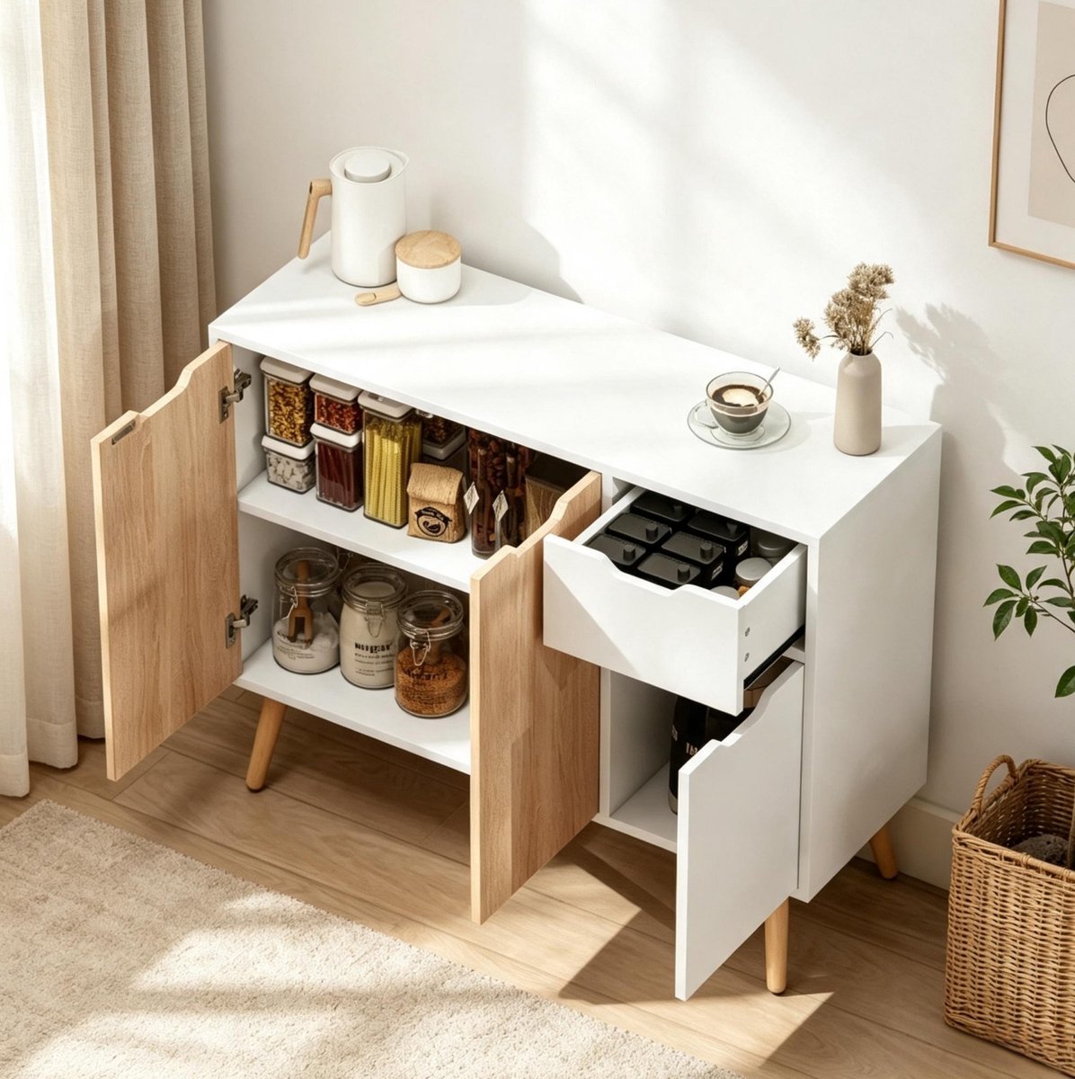 FloraGrace Dressoir - Scandinavisch Design Met 2 Deuren En Lade - Opbergkast Voor Woonkamer En Hal - Spaanplaat En Hout - Wit En Licht Eiken - 90x30x72 Cm Wit + Licht eiken