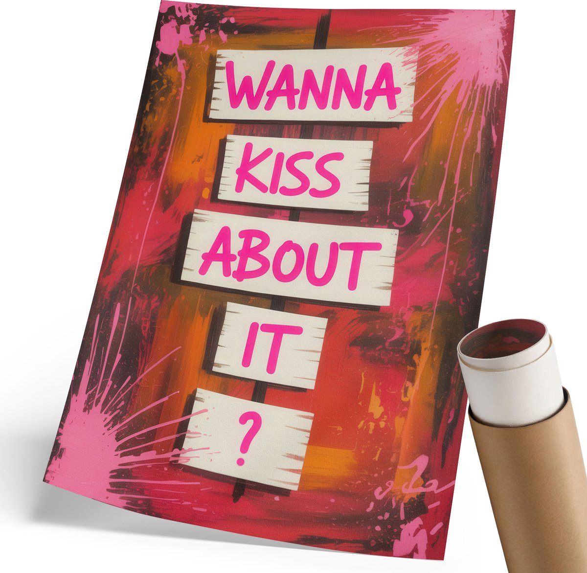 Coloray Polycanvas Wandposter - Wil Je Erover Zoenen?, Typografie - 210 x 297 mm - Oranje Poster - Rechthoek - Wandkunstwerk - Woonkamer, Slaapkamer, Kantoor - Expressief