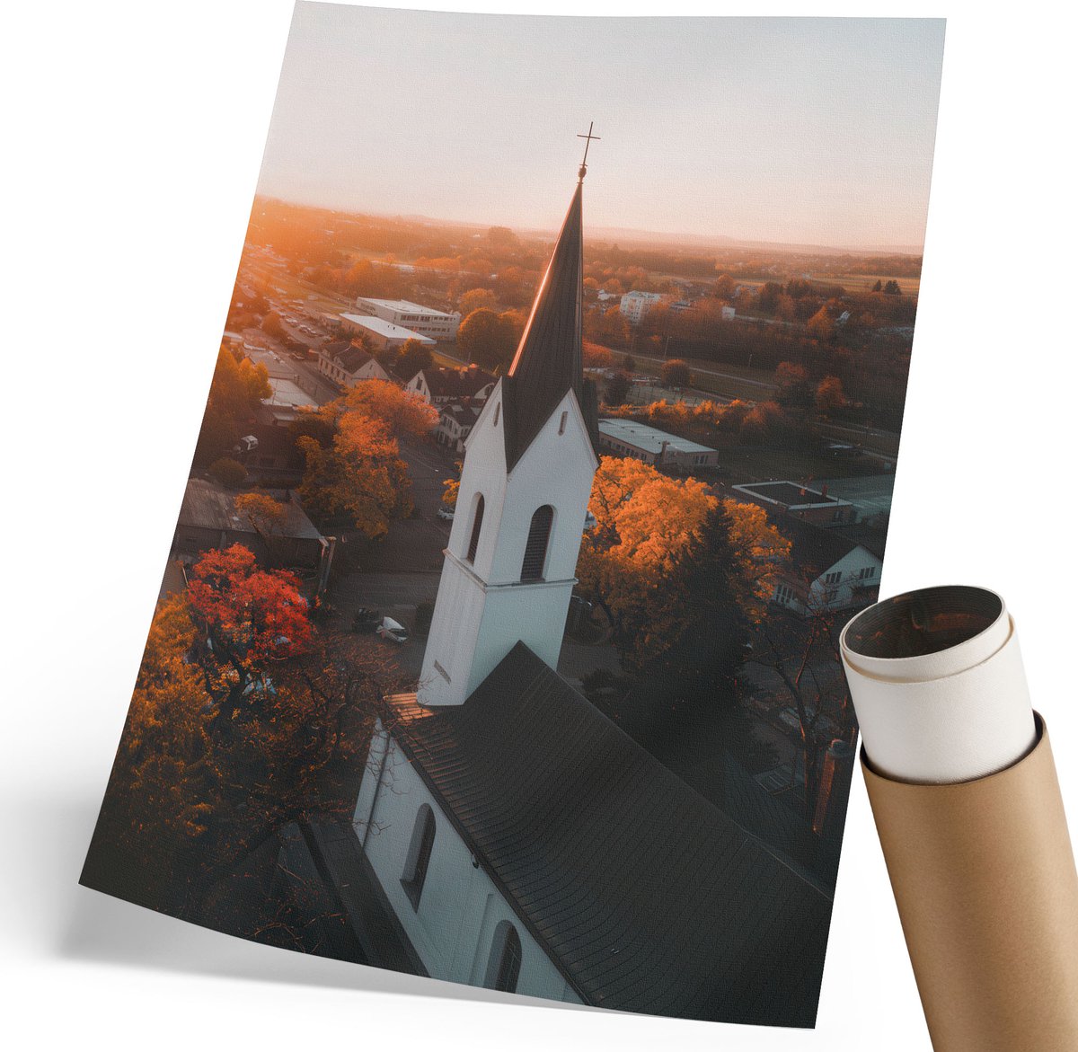 Coloray Polycanvas Wandposter - Herfstkerk, Fotografie - 210 x 297 mm - Oranje Wandposter - Rechthoek - Wandkunstwerk - Woonkamer, Slaapkamer, Kantoor - Klassiek