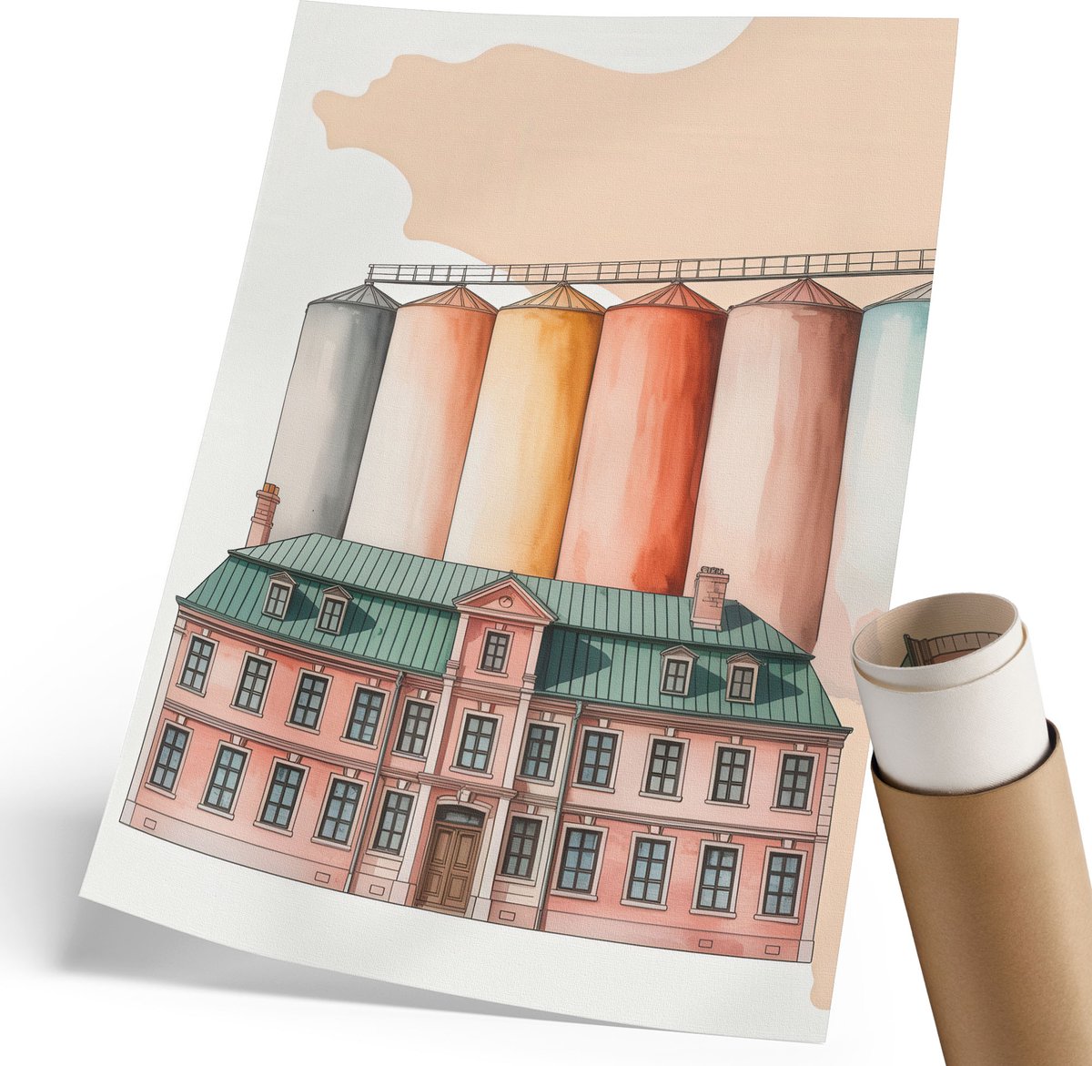 Coloray Polycanvas Wandposter - Industriële Architectuur, Illustratie - 210 x 297 mm - Roze Wanddecoratie - Rechthoek - Muurkunst - Woonkamer, Slaapkamer, Kantoor - Vintage