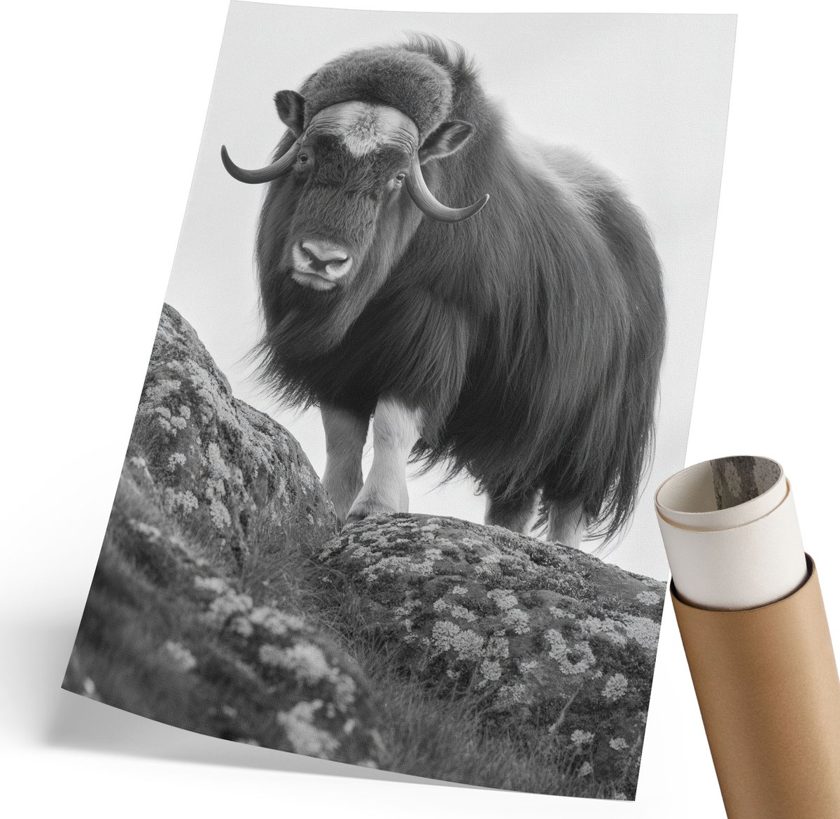 Coloray Canvas Poster Polycanvas - Buffel Op De Heuvel, Fotografie - 210 x 297 mm - Zwart-wit Poster - Rechthoek - Muurdecoratie - Woonkamer, Slaapkamer, Kantoor - Klassiek