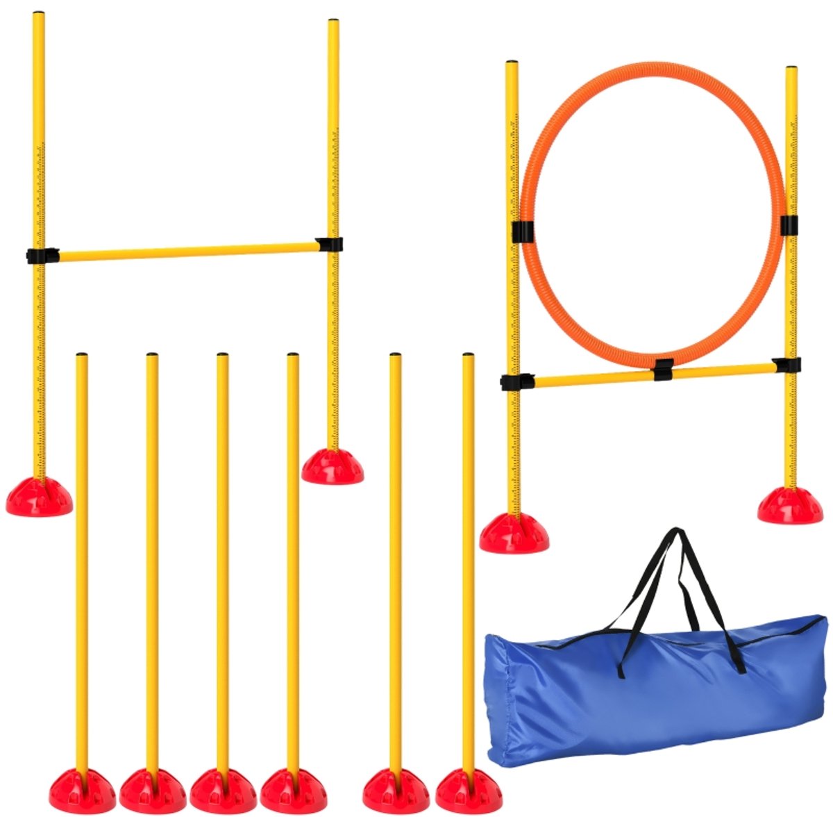 Agility trainingsset: 124 × 19,5 × 103 cm (Afmetingen van de horde); 83 × 19,5 × 103 cm (springringen), geel, kunststof, trainingsmateriaal voor huisdieren, stevig en duurzaam, gemakkelijk te verplaatsen, geschikt voor dagelijkse hondentraining.