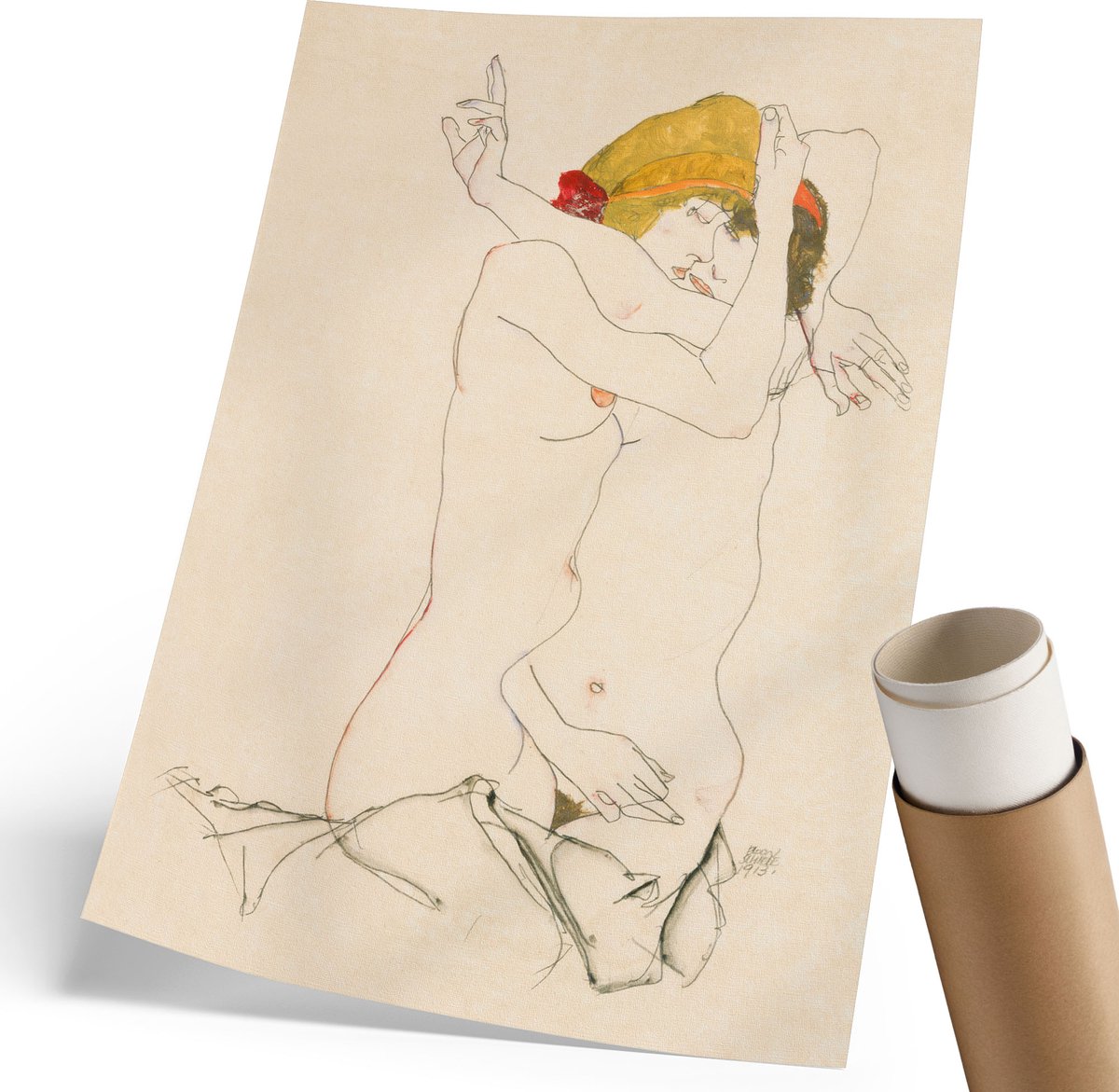 Coloray Polycanvas Wandposter - Twee Vrouwen Die Elkaar Omarmen, Tekening - 210 x 297 mm - Beige Motief - Rechthoek - Canvasposter - Woonkamer, Slaapkamer, Kantoor - Erotisch