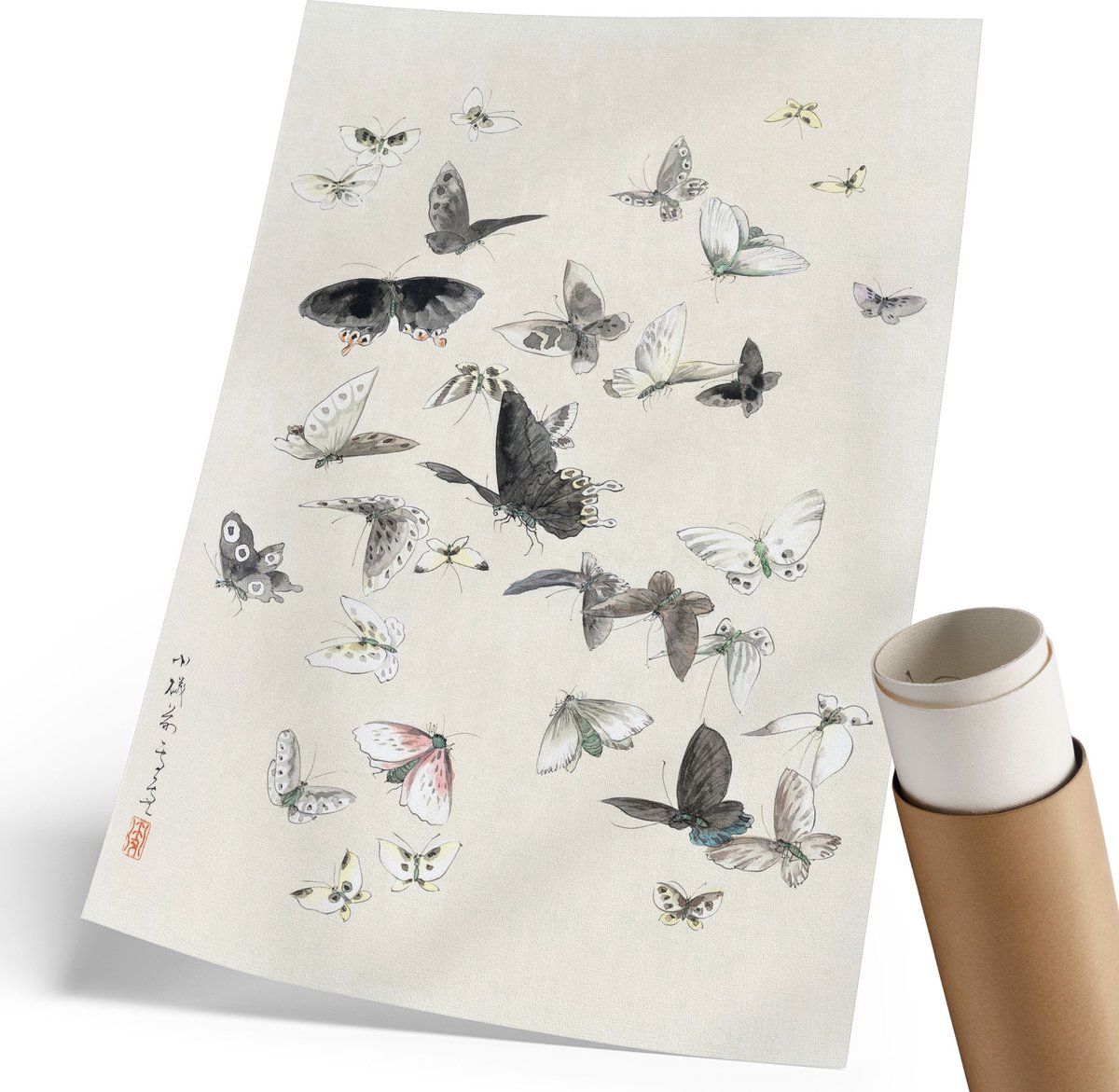 Coloray Canvas Poster Polycanvas - Vlinders En Motten, Waterverf - 210 x 297 mm - Wit Poster - Rechthoek - Muurdecoratie - Woonkamer, Slaapkamer, Kantoor - Japanse