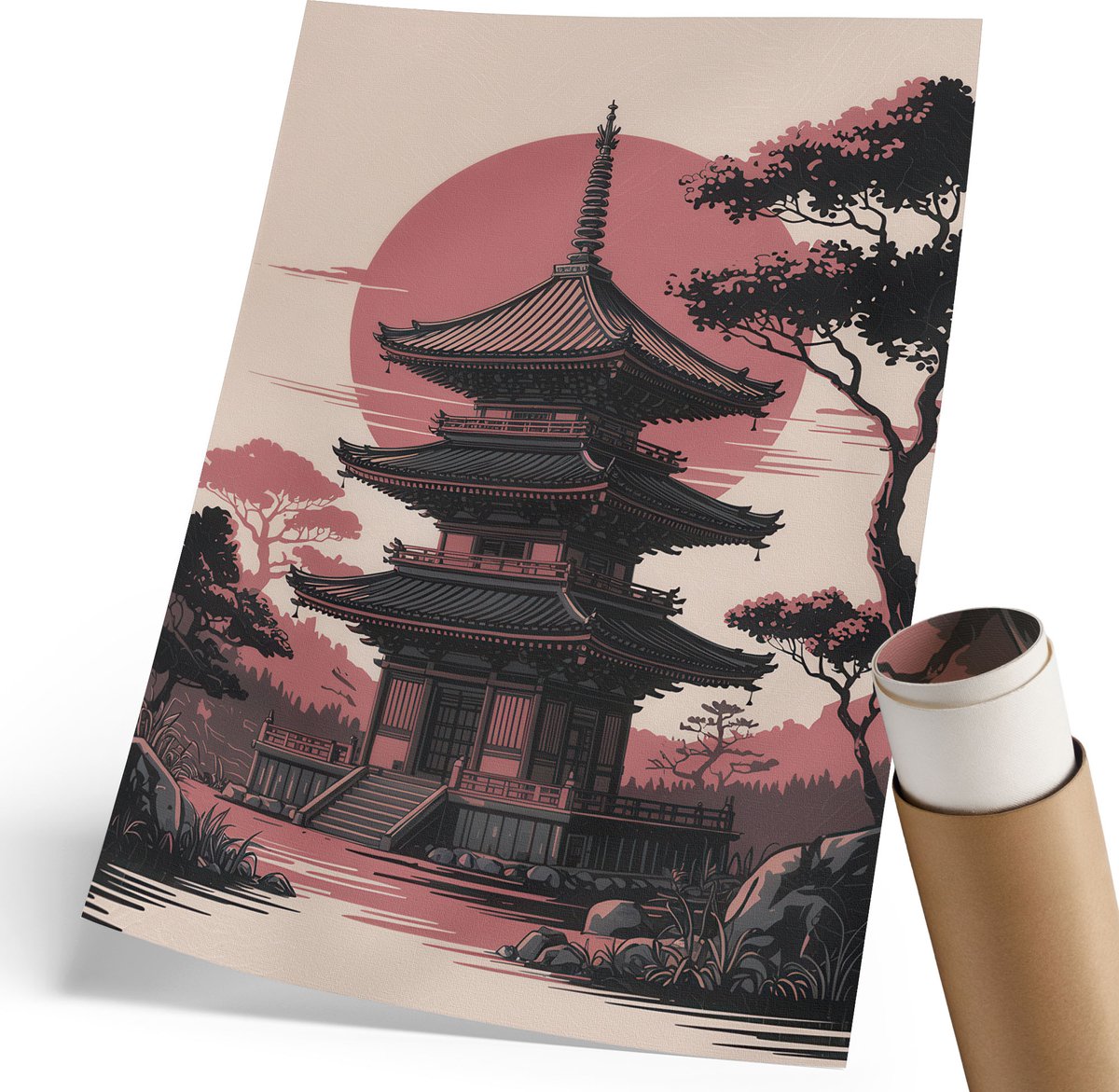 Coloray Polycanvas Wandposter - Tempel In Azië, Illustratie - 210 x 297 mm - Zwart Poster - Rechthoek - Canvasposter - Woonkamer, Slaapkamer, Kantoor - Japanse