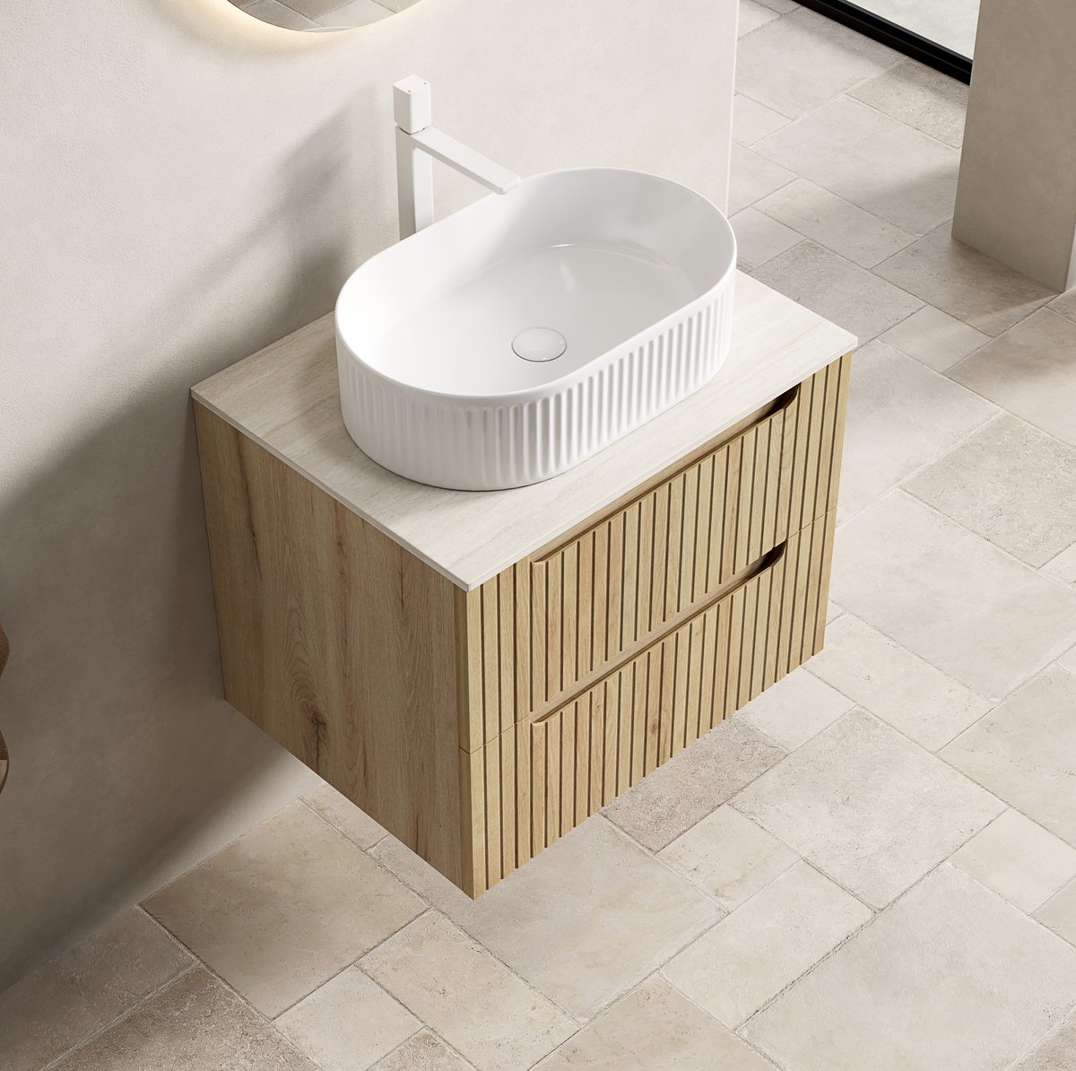 FloraGrace Badkamerkast - Wandhangend Met Ovaal Wastafel En Softclose Lades - Voor Badkamer - Hout En Keramiek - 60 Cm - Wit