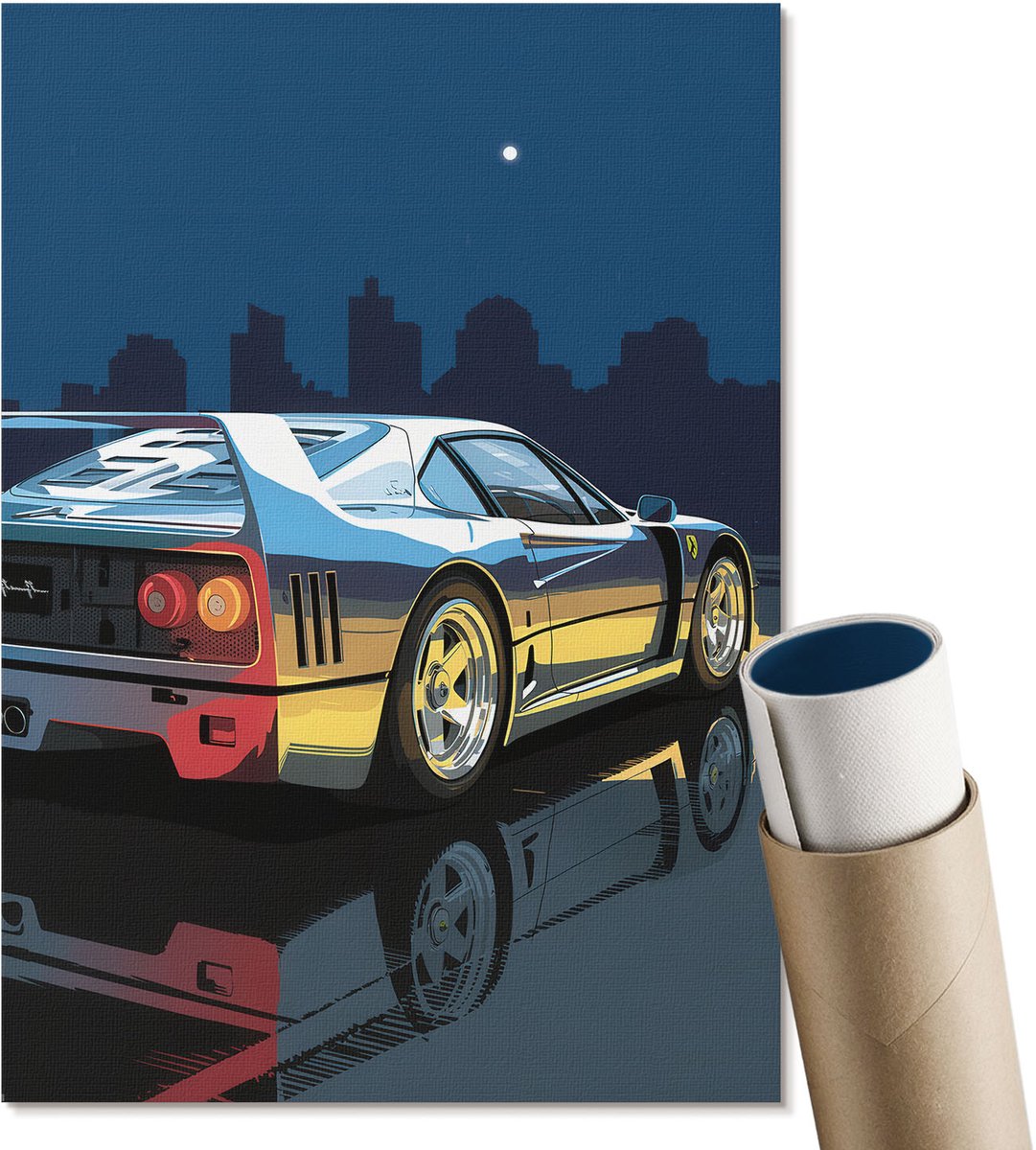 Coloray Canvas Poster Polycanvas - S Nachts Autorijden, Illustratie - A4 - Blauw Poster - Rechthoek - Wandkunst - Woonkamer, Slaapkamer, Kantoor - Popcultuur