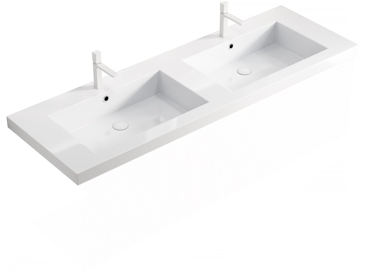 FloraGrace Dubbele Wastafel Met Werkblad Van Kunststeen En Overloop Voor Badkamer En Moderne Inrichting Wit 152x58x29 Cm