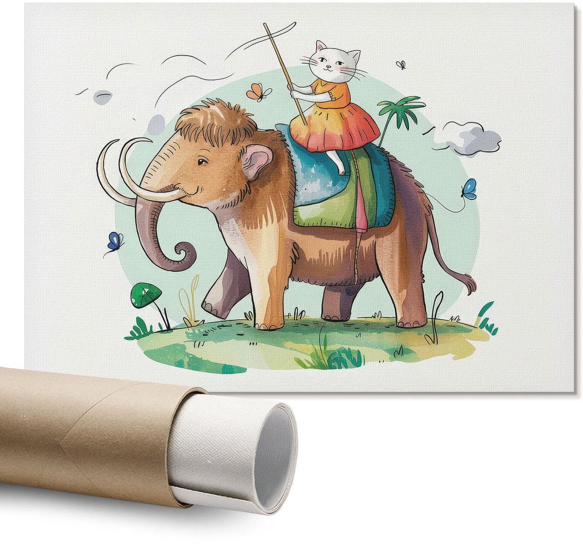Coloray Polycanvas Wandposter – Rijden op een Mammoet, Bruin – A1 – Groen Wanddecoratie – Rechthoek – Decoratieve Wandposter – Slaapkamer – Rustiek