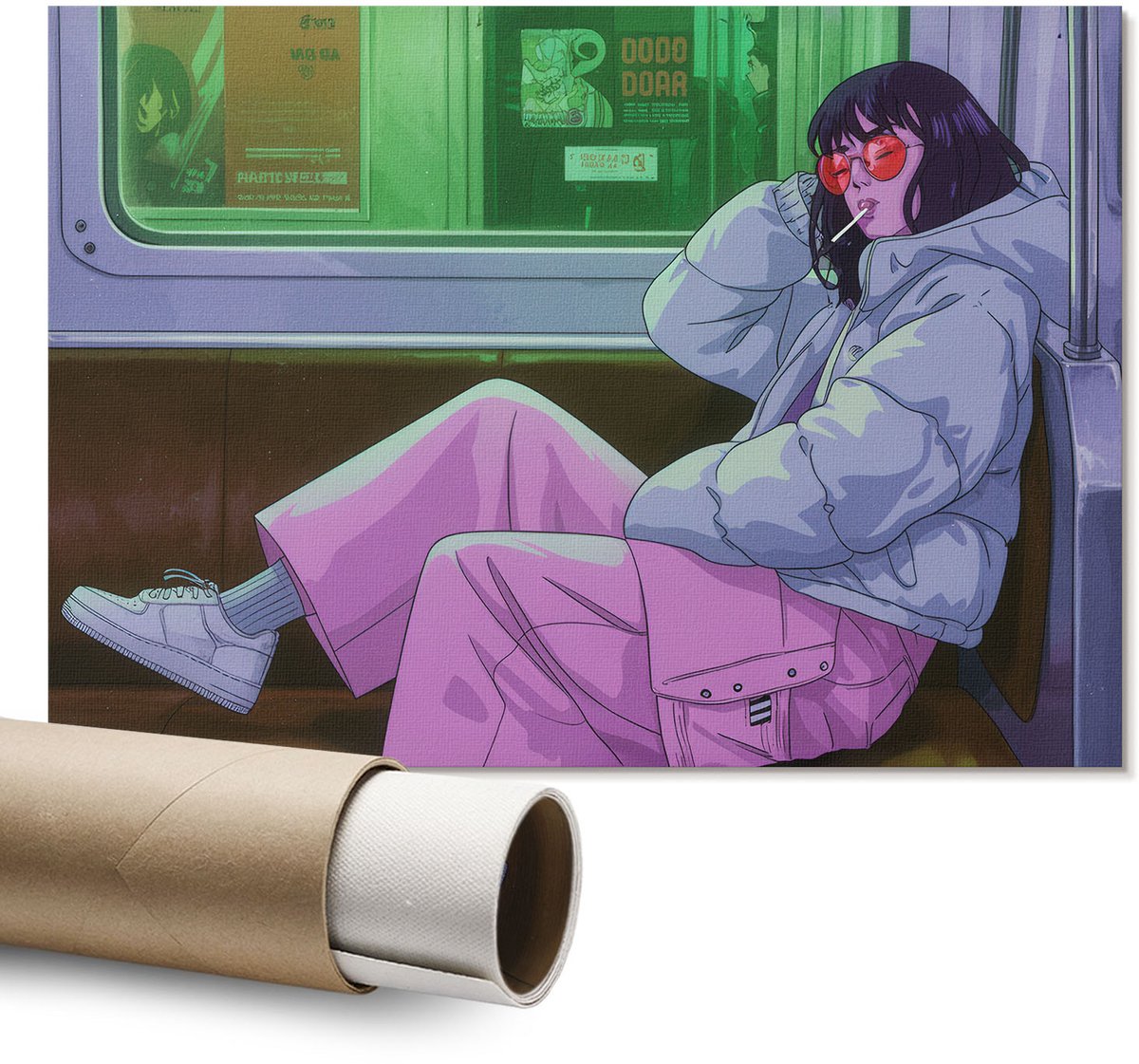 Coloray Polycanvas Wandposter – Meisje in de Metro, Paars – A1 – Rood Decoratie – Rechthoek – Wandkunst – Kantoor – Expressief