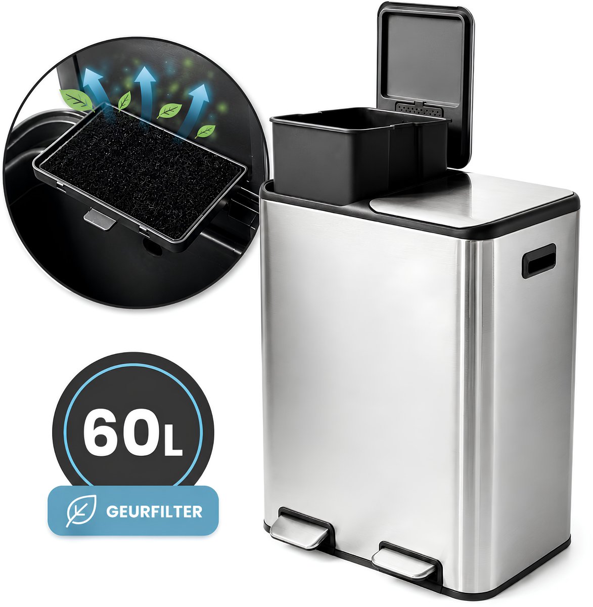 Swiftek Prullenbak 2 Vakken met Geurfilter - Prullenbak 60 Liter (2x30) - Soft Close - Afvalscheiding - Pedaalemmer - Vuilnisbak - RVS Zilver