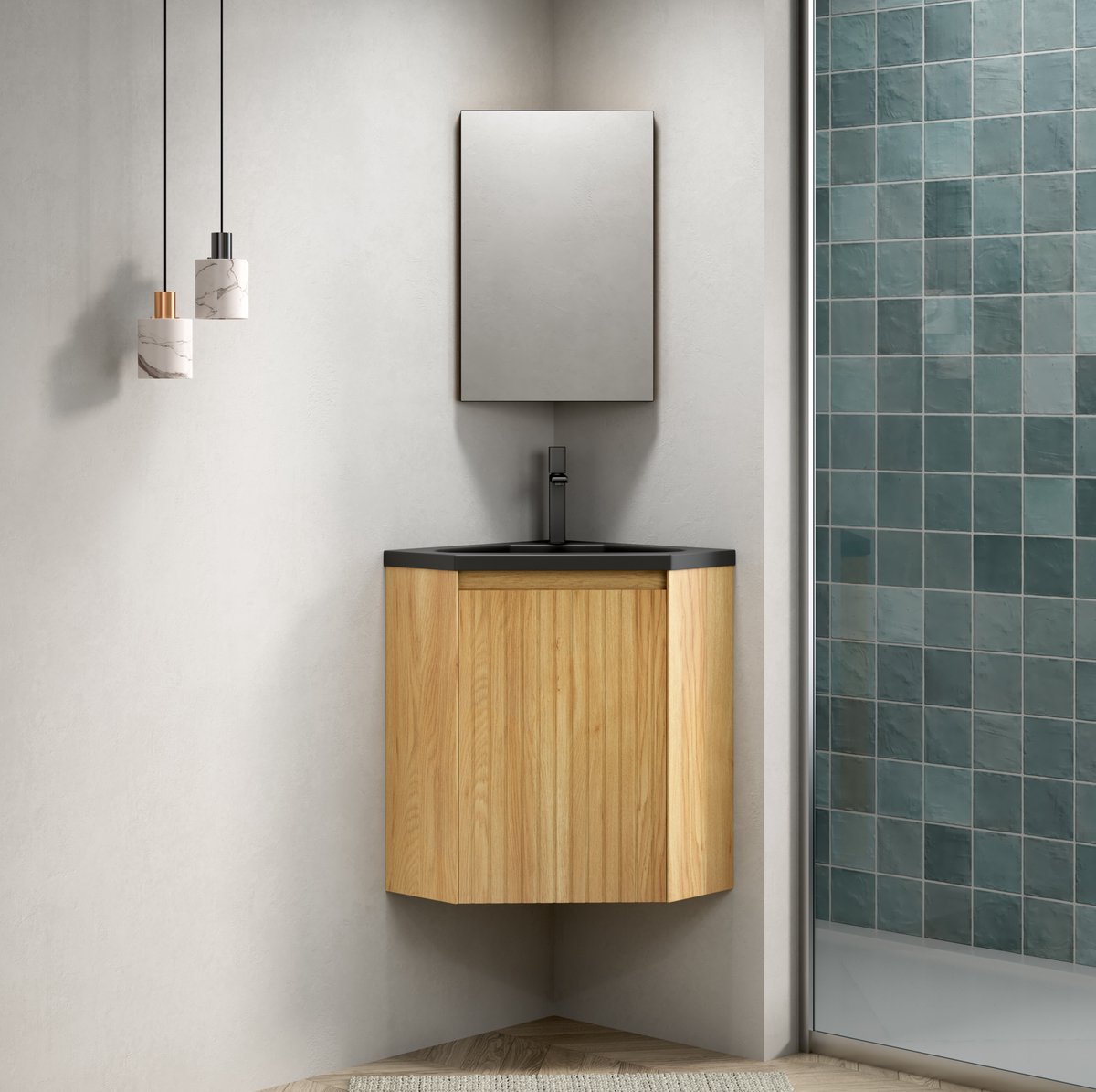 FloraGrace Hoek Wastafelmeubel - Wandhangend Met Matzwarte Inbouw Waskom En 1 Deur - Voor Kleine Badkamers En Hoeken - Multiplex En Hout - 47,5x47,5x61,5 Cm - Naturel Hout En Zwart