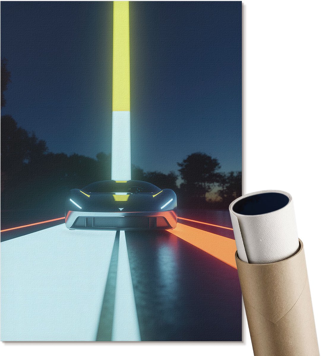 Coloray Polycanvas Wandposter - Futuristische Auto, Illustratie - A4 - Geel Motief - Rechthoek - Interieurdecoratie - Woonkamer, Slaapkamer, Kantoor - Popcultuur