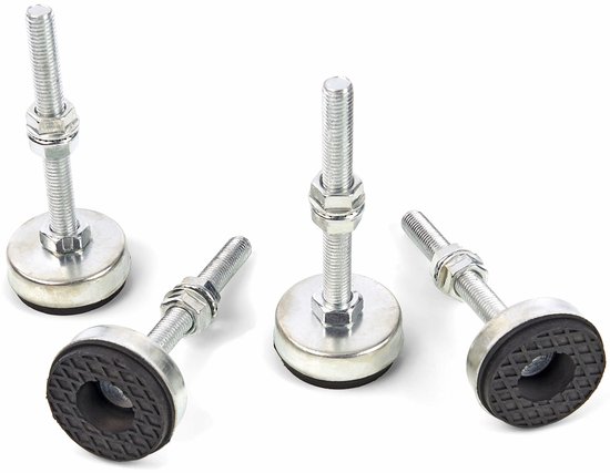Set van vier metalen stelvoeten met rubberen zolen, M12 draad, voor trillingsdemping.