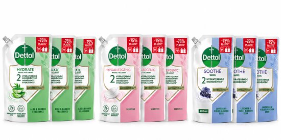 Dettol - Handzeep - Antibacterieel - 4,5L - 3x 500ML Navulling Hydrating Aloe Vera - 3x500ML Navulling Sensitive - 3x500ML Navulling Relaxing Lavender - met 75% minder Plastic - Vo…