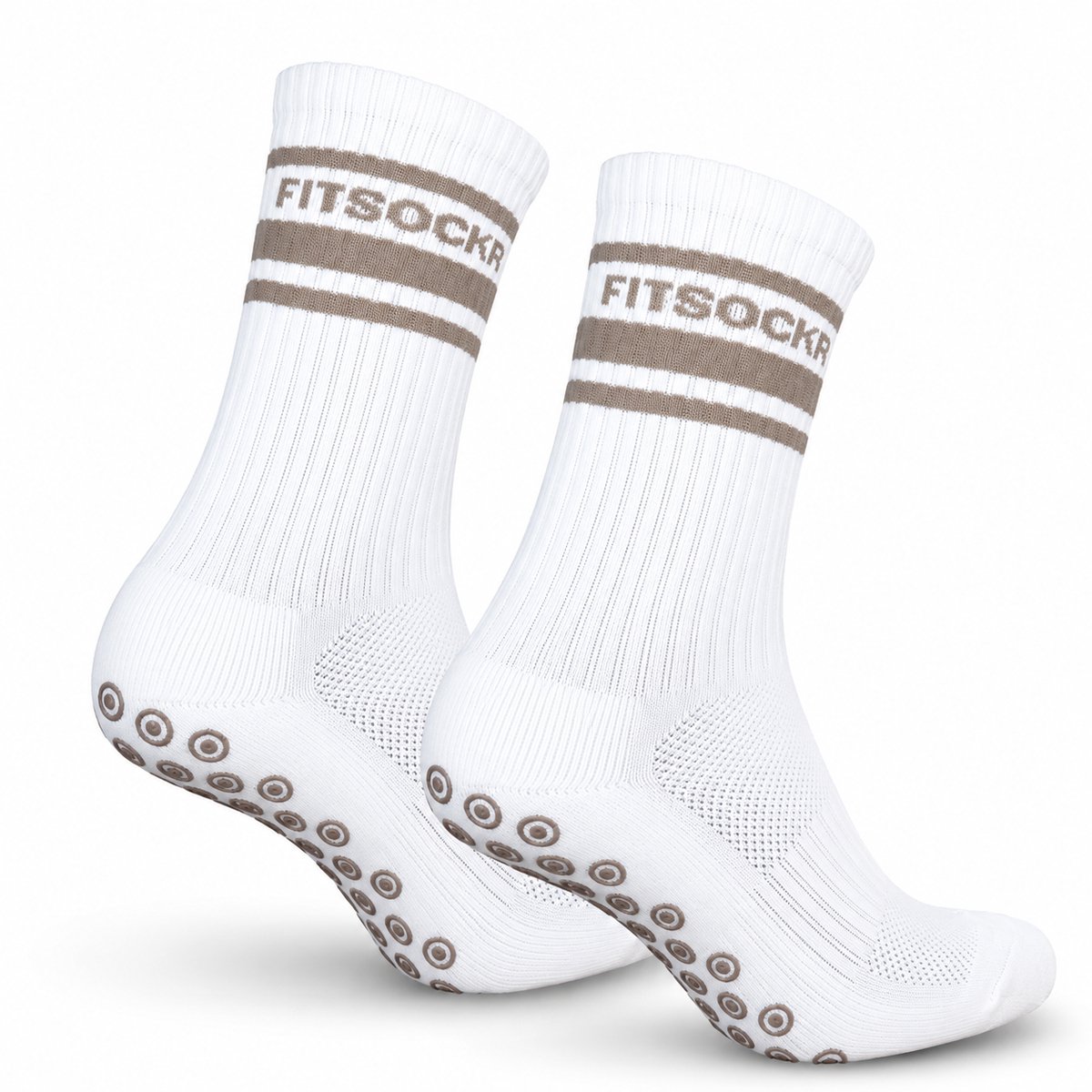 FitSockr Gripsokken Voetbal - Sportsokken - Grip socks - Voetbalsokken - Padel sokken - Antislip Sokken Heren/Dames/Kind - Line - Wit Bruin- Maat 32-36