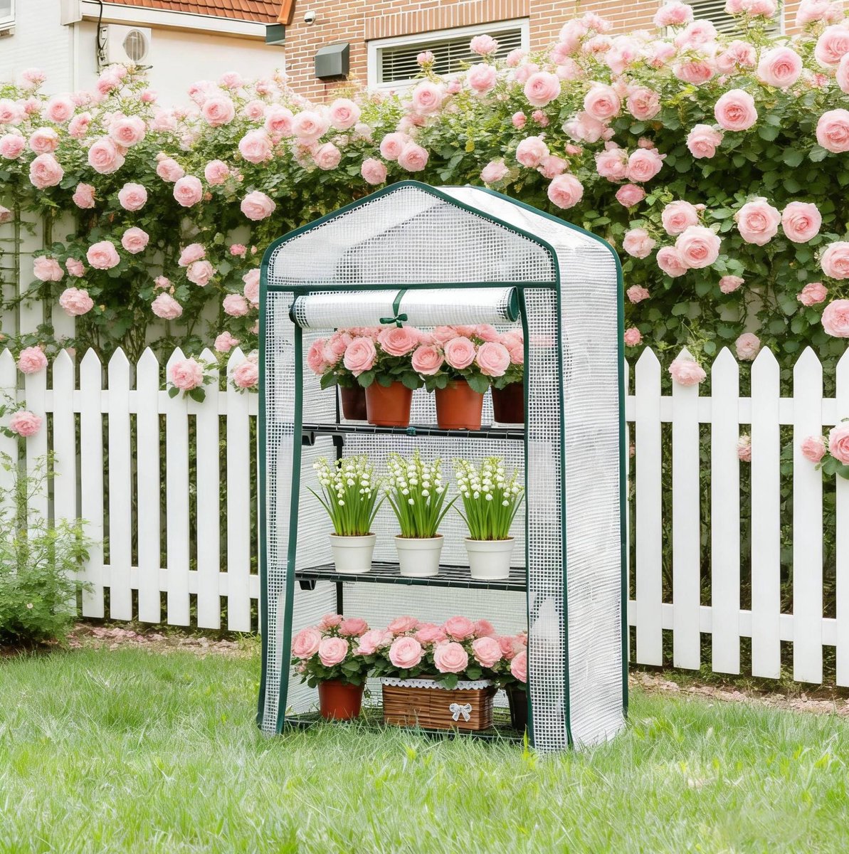 Wishdor Kas - Kweekkas met PE-folie en metalen frame - Roll-up deur met ritssluiting en 3 lagen - Voor balkon terras en tuin - Wit - 69 x 49 x 125 cm