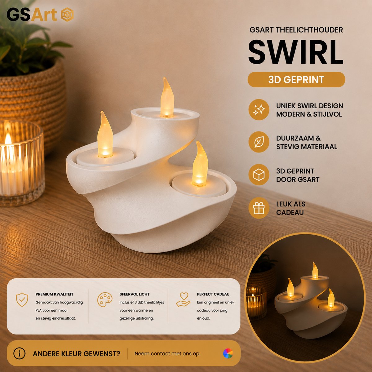 GSArt Theelichthouder Swirl – 3D Geprint – Inclusief 3 LED Theelichtjes - Mat Wit