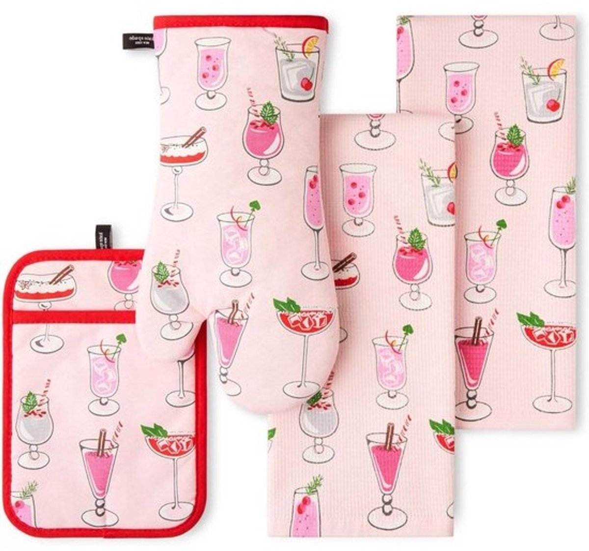 Keukenlinnen Set - Keukendoeken en Hittebestendig - Keukenwerk - 100% Katoen - 43 x 71 cm - Rood Roze Groen
