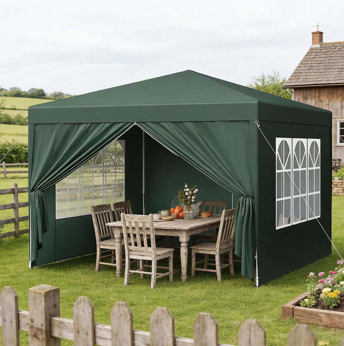 Wishdor Paviljoen partytent met verstelbare hoogte en opvouwbaar frame - Waterdicht en uv-bescherming - Tuin terras balkon camping festival - Oxford stof en ijzeren frame - Groen - 300 x 300 x 260 cm