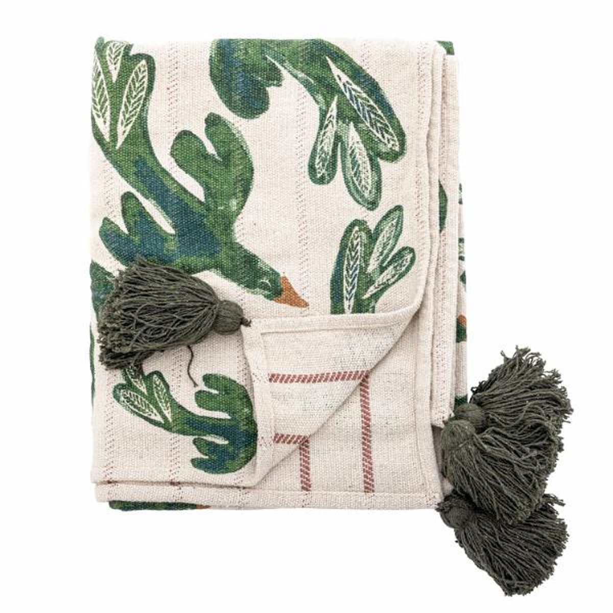 Bloomingville - Birdliva Plaid Tweezijdig - Beige met Groene Vogels/Gestreept - 160x130cm