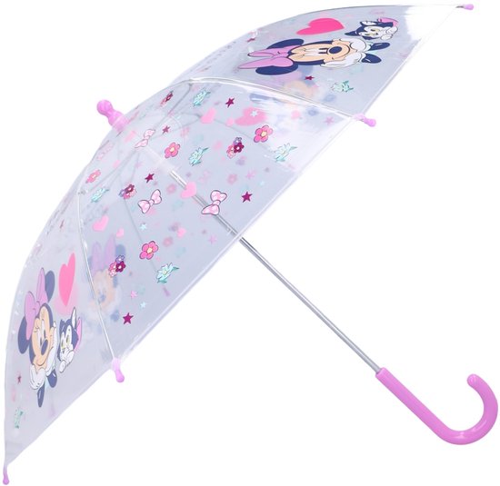 Transparante Minnie Mouse-paraplu met roze details, versierd met bloemen, hartjes en Minnie-opdruk.